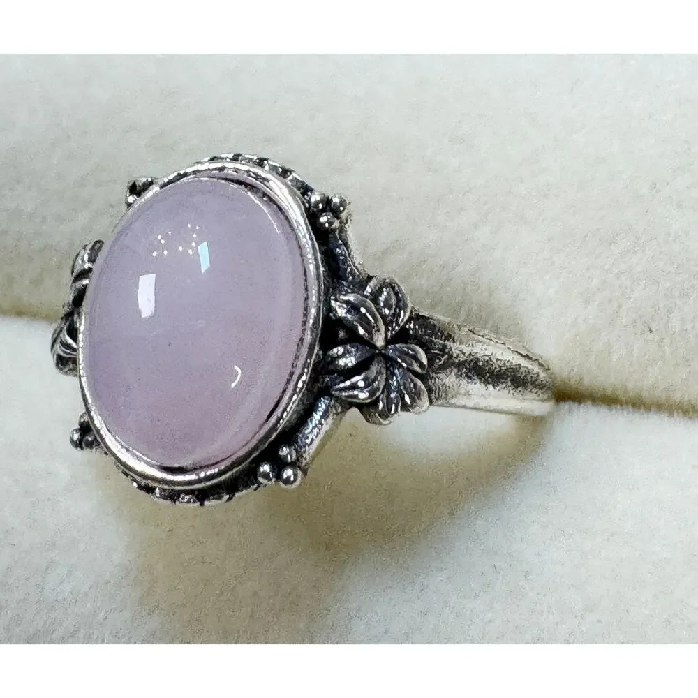 New Size 7 Pink Oval Cabochon Ring Silver Tone Floral Statement Ring R007